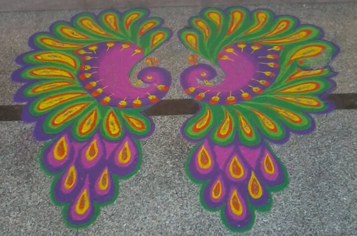 Freehand two peacock rangoli designs for diwali-4.1